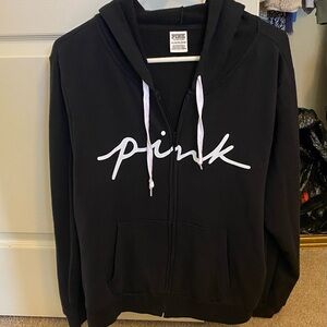 PINK Victoria's Secret Perfect Full Zip Hoodie Black with White Script Logo XXL